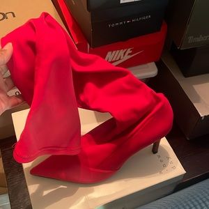 Red thigh high boots